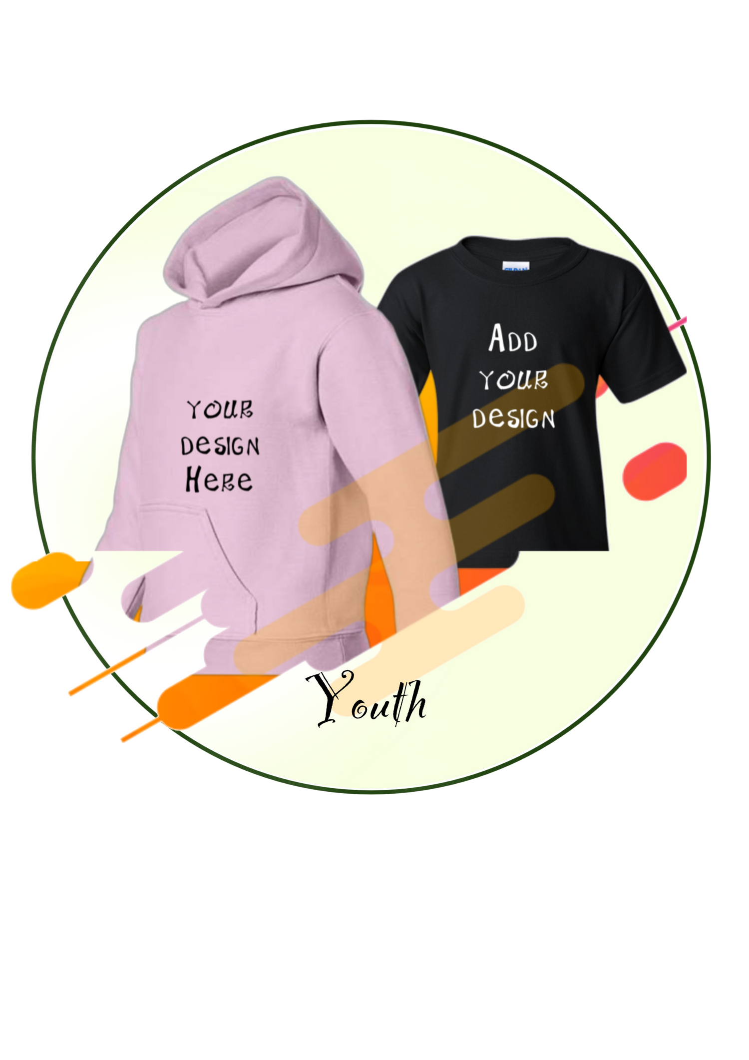 Customized youth clothes such as hoodies, shirts, and pants, with different colors. You can personalize it with any design or logo you like.