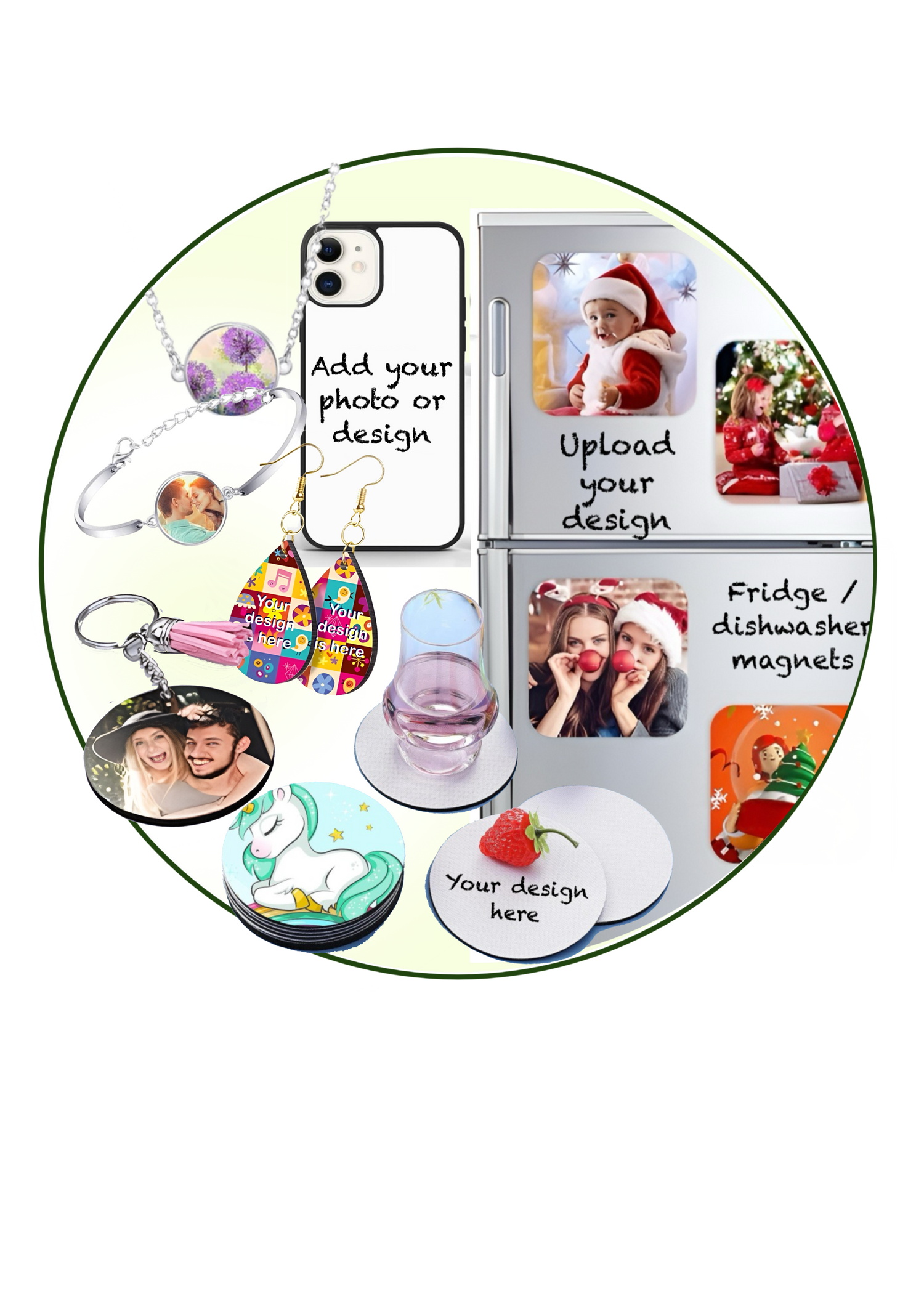keychains, coasters, earrings, white mugs, magic mugs, caps, mousepads, puzzles, pens, fridge and dishwasher magnets  customized cap, customized earrings, print earrings, coaster, keychain, pen, mousepad, print-on caps, customizable puzzle for kids.