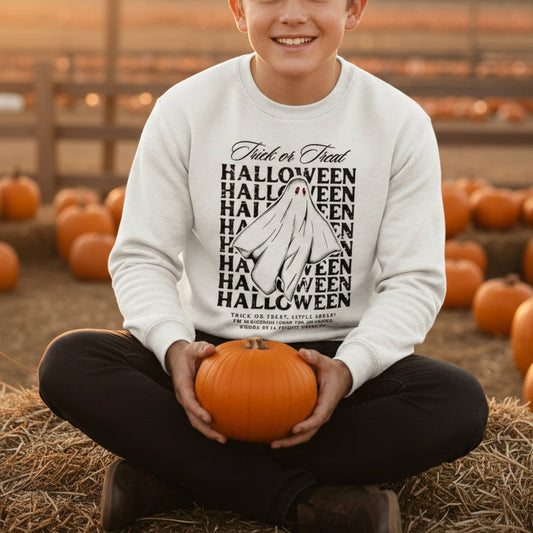 Child wearing a Halloween-themed sweatshirt holding a pumpkin in a pumpkin patch.