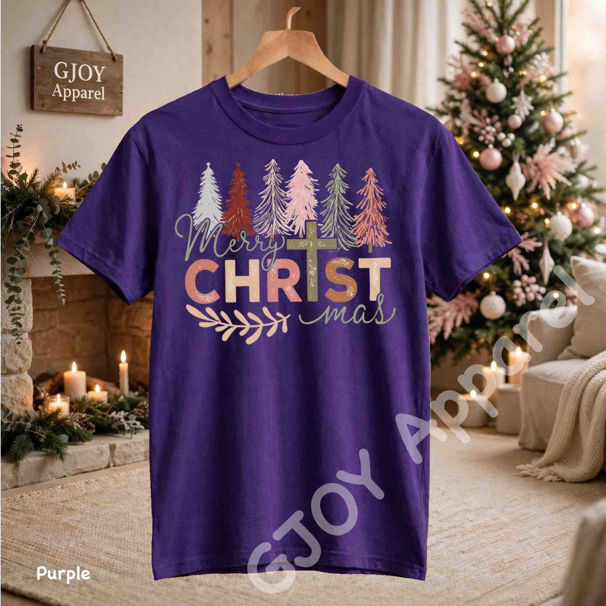 Merry Christmas Christian T-Shirt - Jesus Cross Christmas Trees Design - Purple Gildan 5000 - Grand Print YJ