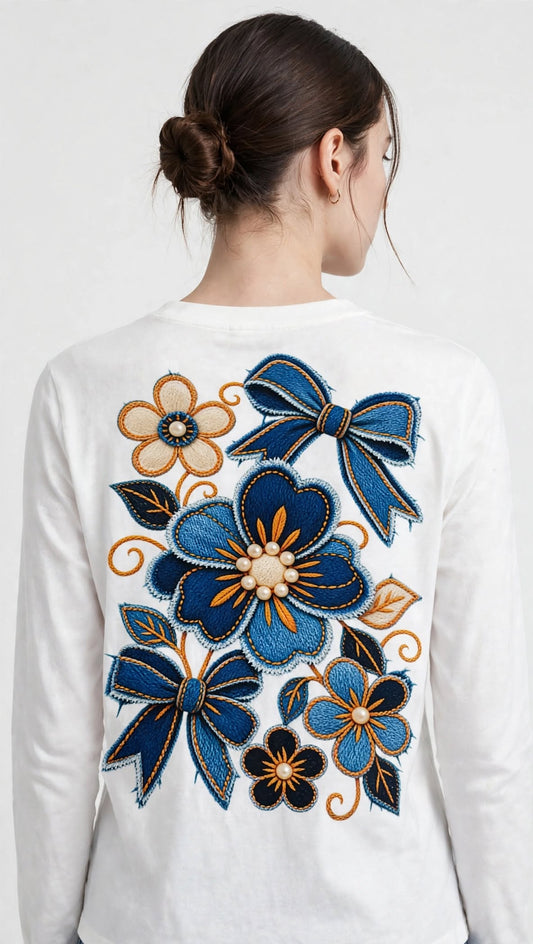 Clothes shop near me- A woman viewed from the back wearing a white long-sleeve top with a large embroidered floral and bow design in blue, navy, tan, and black on the back.