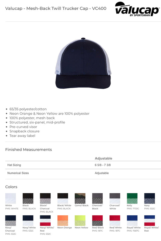 Personalized Mesh-Back Twill Trucker Cap - Valucap VC400