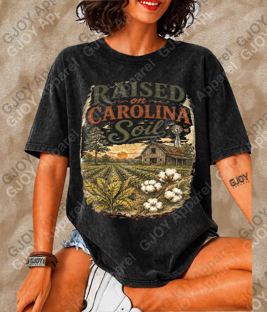 Raised On Carolina Soil Vintage Acid Wash T-Shirt | NC Unisex Oversized Graphic Tee