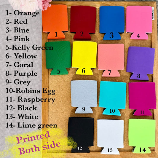 Set of colorful can coolers on a wooden board with color names listed.