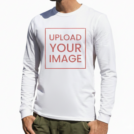 White long-sleeve shirt with 'Upload Your Image' text on a white background ready to be personalized