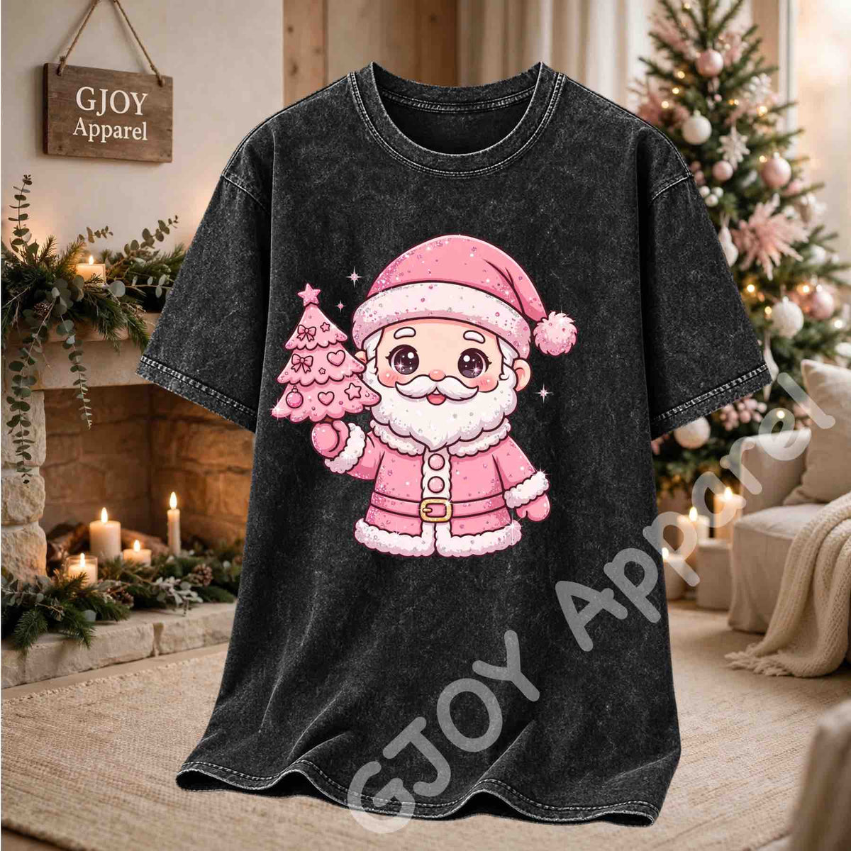 Cute Pink Santa Claus Acid Wash T-Shirt - Pink Santa Holding Christmas Tree Design - Vintage Black - Grand Print YJ