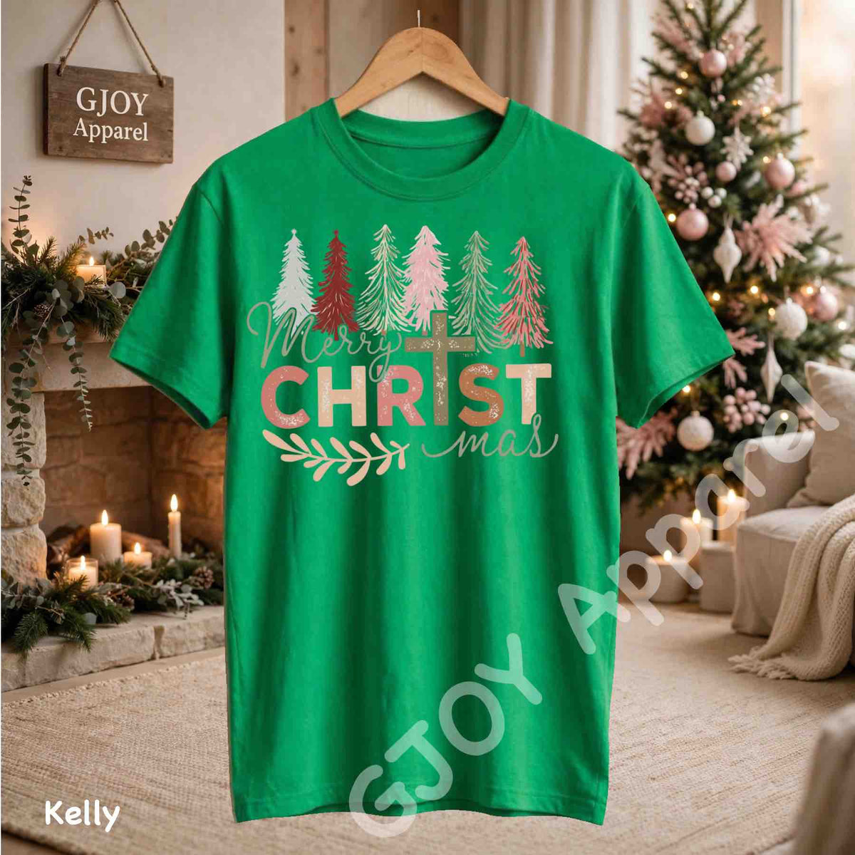 Merry Christmas Christian T-Shirt - Jesus Cross Christmas Trees Design - Kelly Gildan 5000 - Grand Print YJ