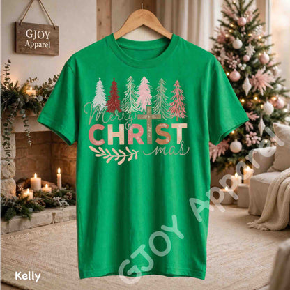 Merry Christmas Christian T-Shirt - Jesus Cross Christmas Trees Design - Kelly Gildan 5000 - Grand Print YJ
