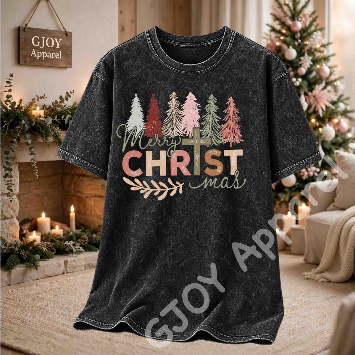 Merry Christmas Christian Acid Wash T-Shirt - Jesus Cross Christmas Trees Design - Vintage Black - Grand Print YJ