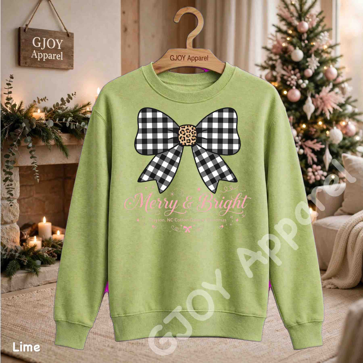 Clayton NC Cotton Capital Christmas Sweatshirt - Merry and Bright Buffalo Bow - Lime - Grand Print YJ