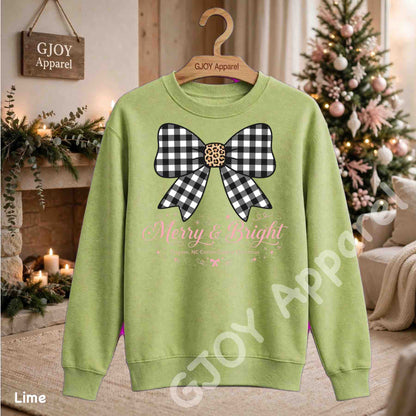 Clayton NC Cotton Capital Christmas Sweatshirt - Merry and Bright Buffalo Bow - Lime - Grand Print YJ