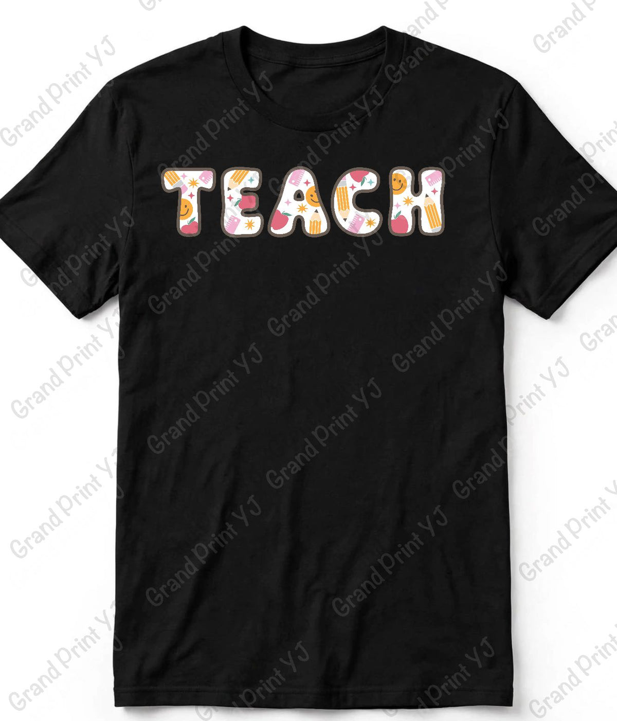 A black short-sleeve crewneck t-shirt featuring the word 'TEACH' printed across the chest in a playful, colorful patterned font with pink, orange, yellow, and white details. The t-shirt is displayed flat against a white background with diagonal 'Grand Print YJ' watermarks.