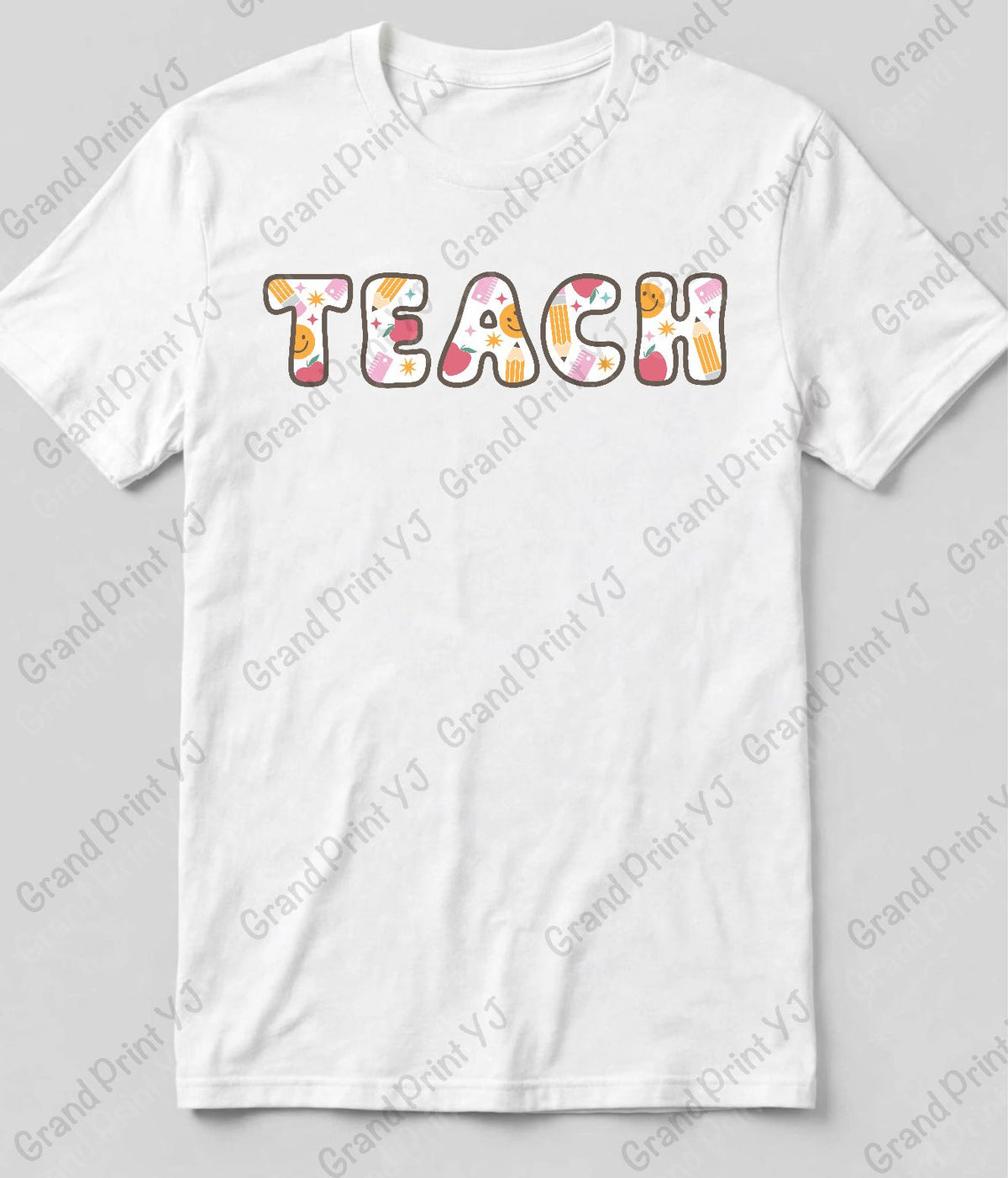 A white short-sleeve crewneck t-shirt featuring the word 'TEACH' printed across the chest in a retro, wavy font filled with a colorful floral pattern of pink, orange, yellow, and white. The t-shirt is displayed flat against a light gray background with diagonal watermarks.