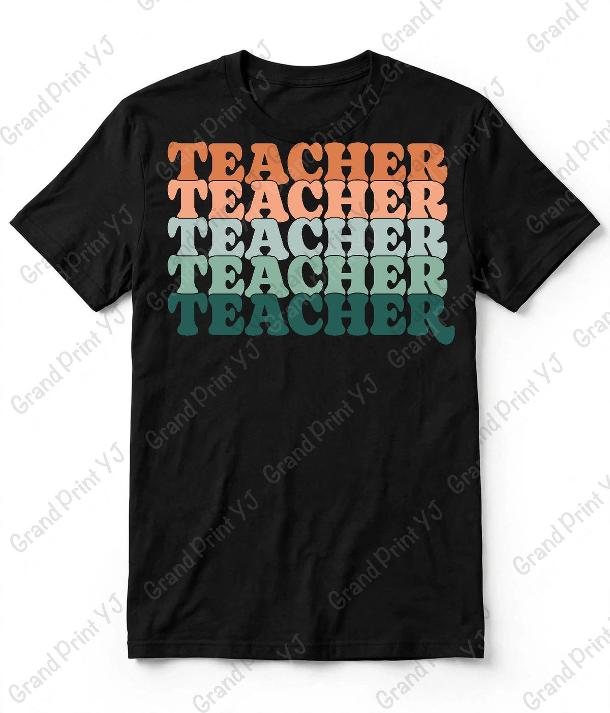 A black short-sleeve t-shirt with a retro-style stacked graphic reading 'TEACHER' in orange, peach, light blue, mint green, and teal lettering, displayed flat against a white background with diagonal watermarks.