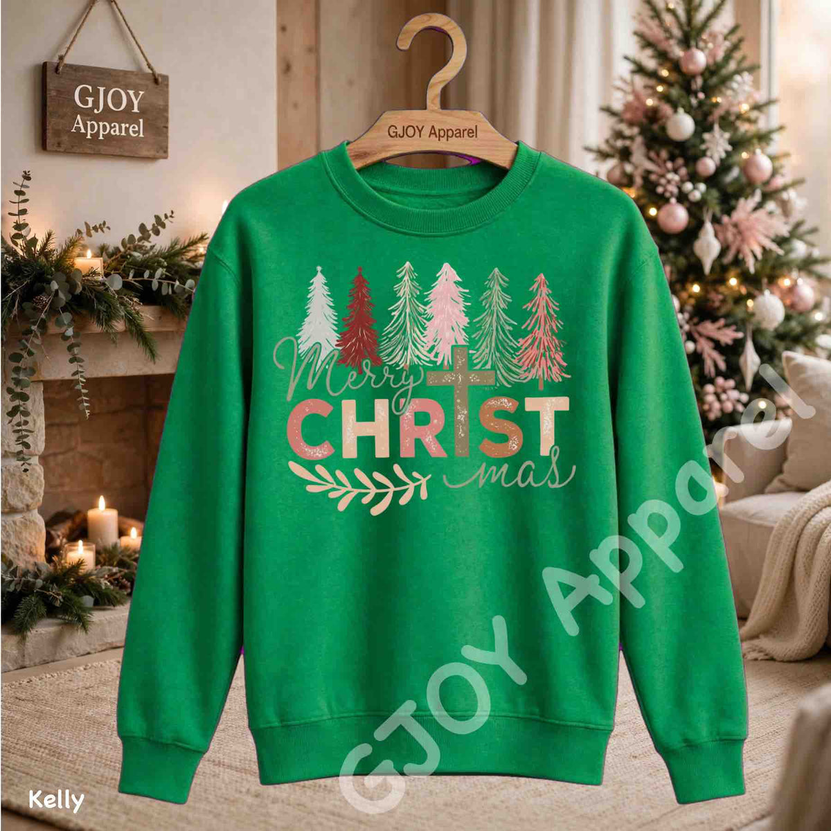 Merry Christmas Christian Sweatshirt - Jesus Cross Christmas Trees Design - Kelly - Grand Print YJ