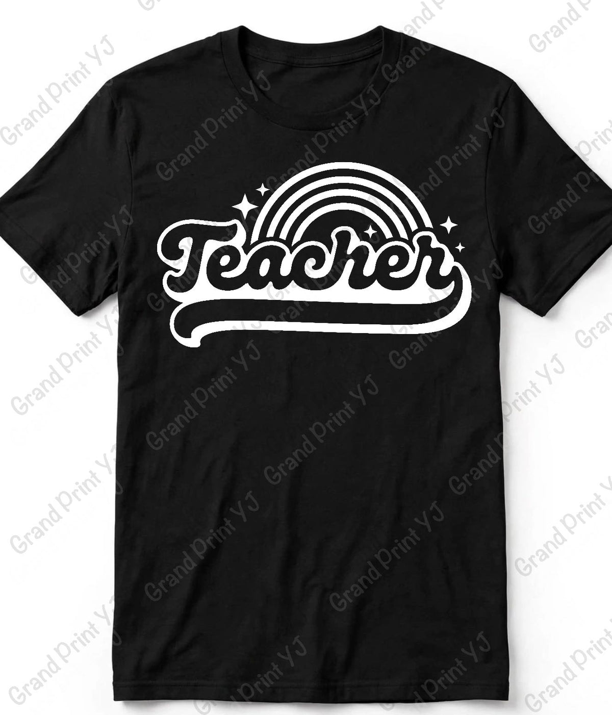 A black short-sleeve crewneck t-shirt featuring a white retro-style graphic on the chest with the word 'Teacher' in script, an arch of rainbow stripes, and small star accents.