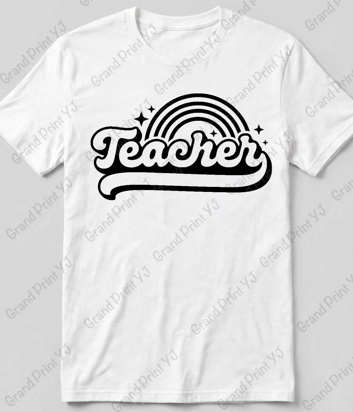 A white short-sleeve crewneck t-shirt featuring a retro-style black graphic on the chest with the word 'Teacher' in a wavy font beneath a curved rainbow and stars.