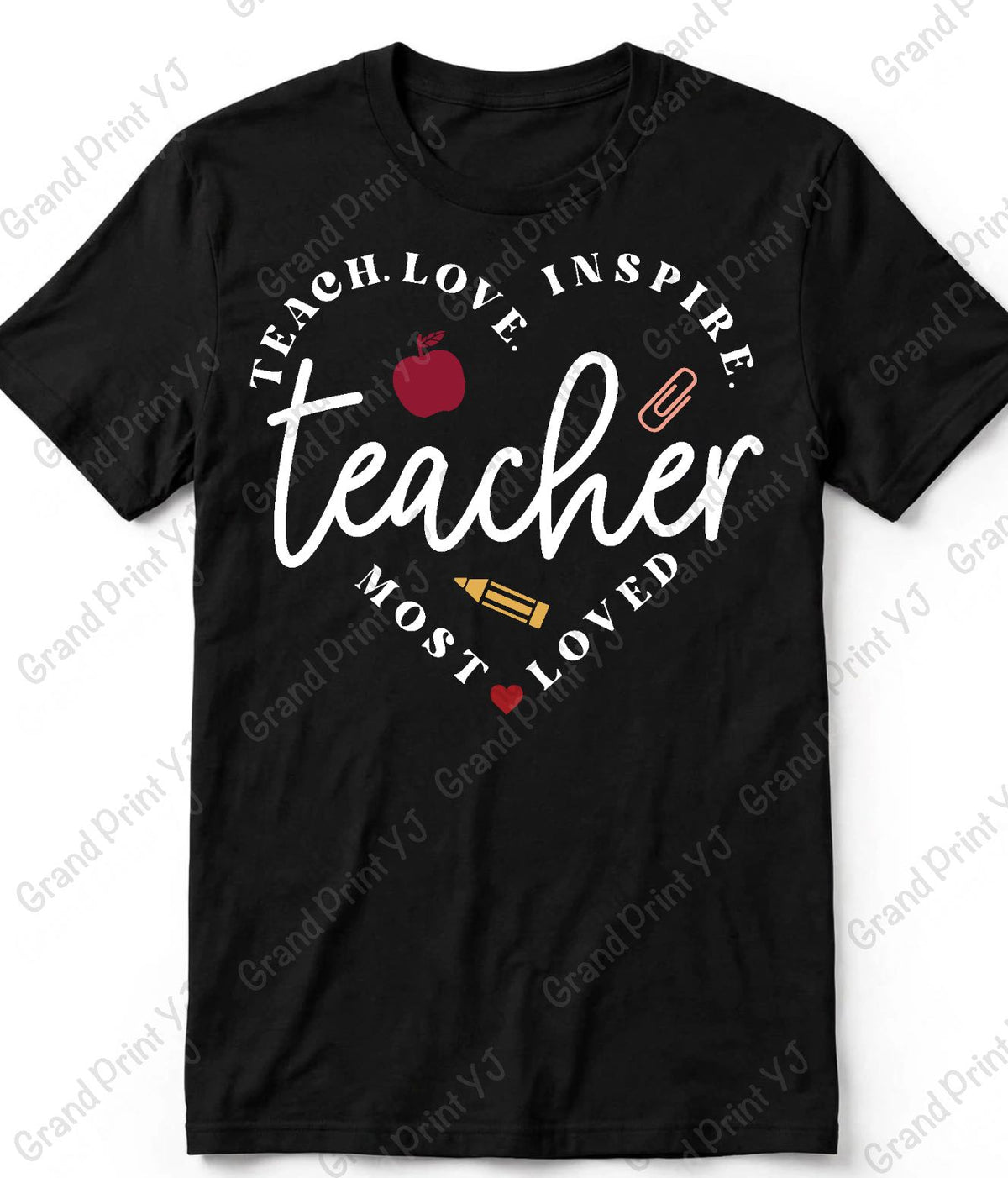 A black short-sleeve crewneck t-shirt with a graphic design on the front. The design features the word 'teacher' in large white script, surrounded by the words 'TEACH.