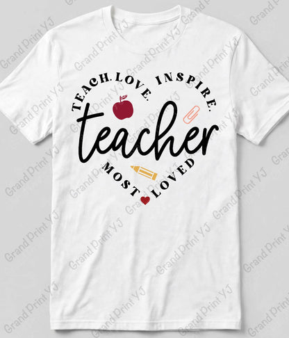 A white short-sleeve crewneck t-shirt with a graphic design on the front that reads 'TEACH. LOVE.