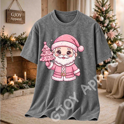 Cute Pink Santa Claus Acid Wash T-Shirt - Pink Santa Holding Christmas Tree Design - Grey - Grand Print YJ