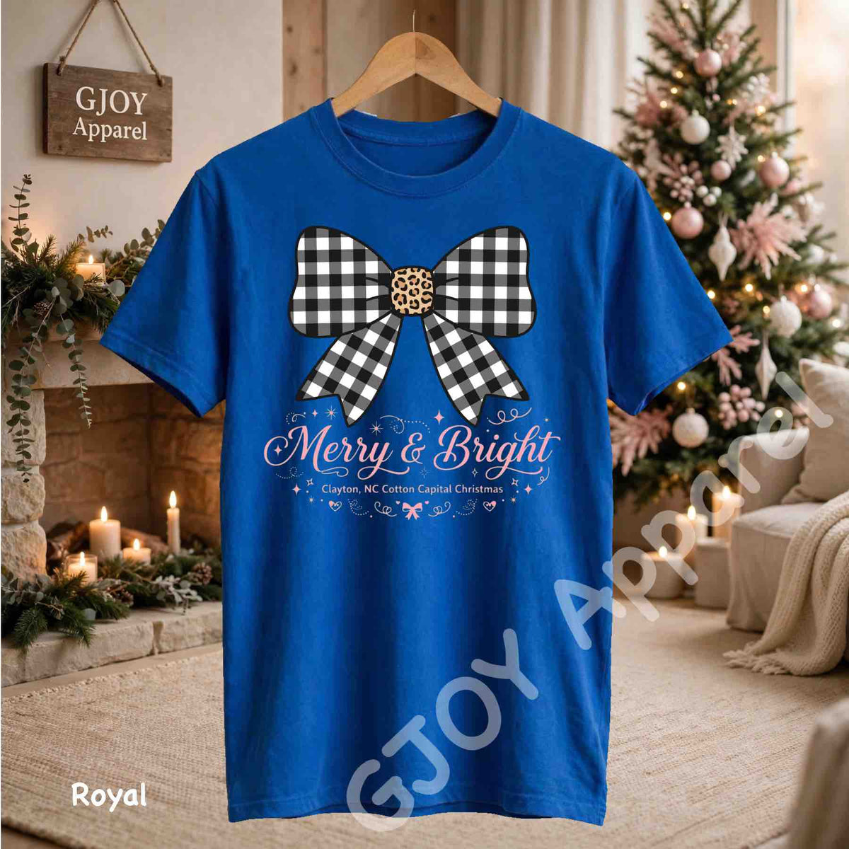 Clayton NC Cotton Capital Christmas T-Shirt - Merry and Bright Buffalo Bow - Royal Gildan 5000 - Grand Print YJ