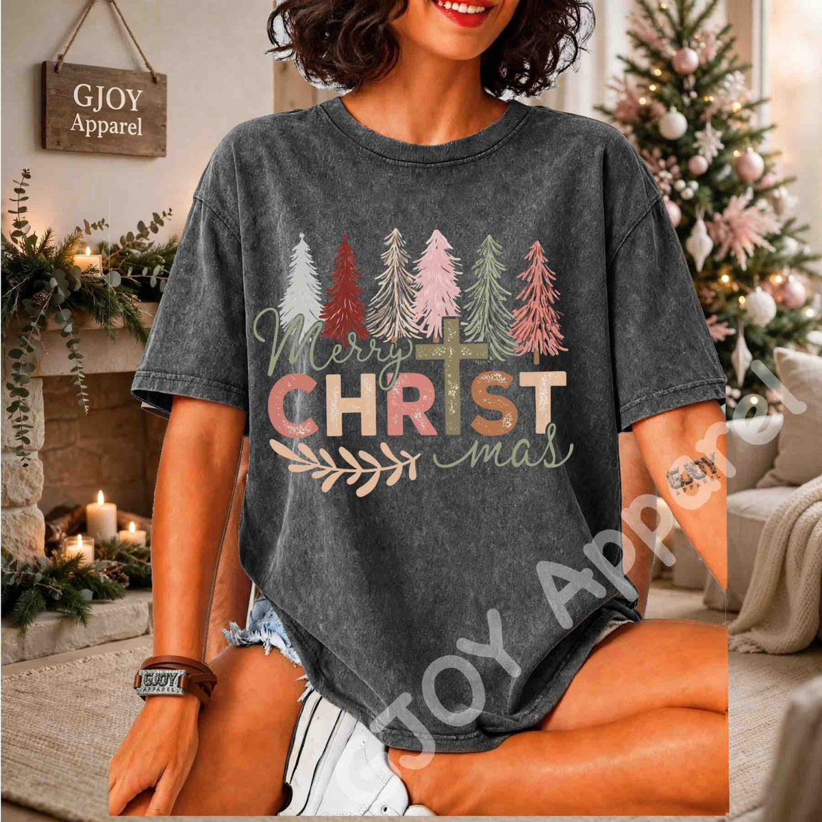 Merry Christmas Christian Acid Wash T-Shirt - Jesus Cross Christmas Trees Design - Grey - Grand Print YJ