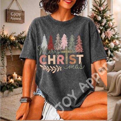 Merry Christmas Christian Acid Wash T-Shirt - Jesus Cross Christmas Trees Design - Grey - Grand Print YJ