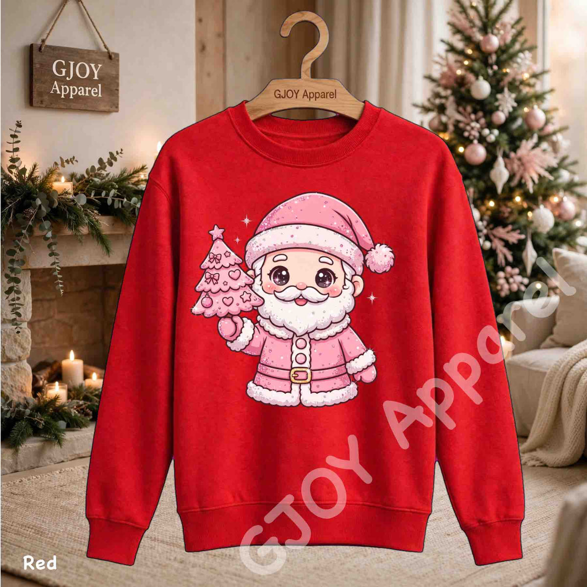 Cute Pink Santa Claus Sweatshirt - Pink Santa Holding Christmas Tree Design - Red - Grand Print YJ