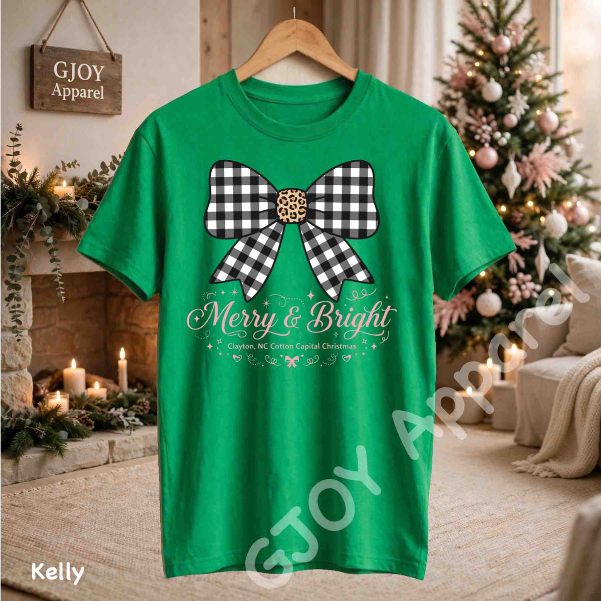 Clayton NC Cotton Capital Christmas T-Shirt - Merry and Bright Buffalo Bow - Kelly Gildan 5000 - Grand Print YJ