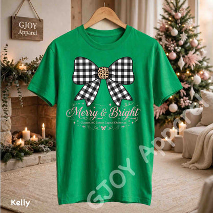 Clayton NC Cotton Capital Christmas T-Shirt - Merry and Bright Buffalo Bow - Kelly Gildan 5000 - Grand Print YJ