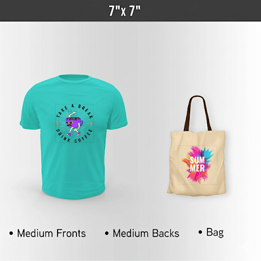 Personalized teal t-shirt with graphic design and personalized beige tote bag with 'Summer' text on a white background