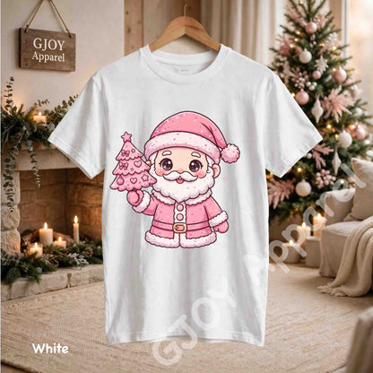 Cute Pink Santa Claus T-Shirt - Pink Santa Holding Christmas Tree Design - White Gildan 5000 - Grand Print YJ