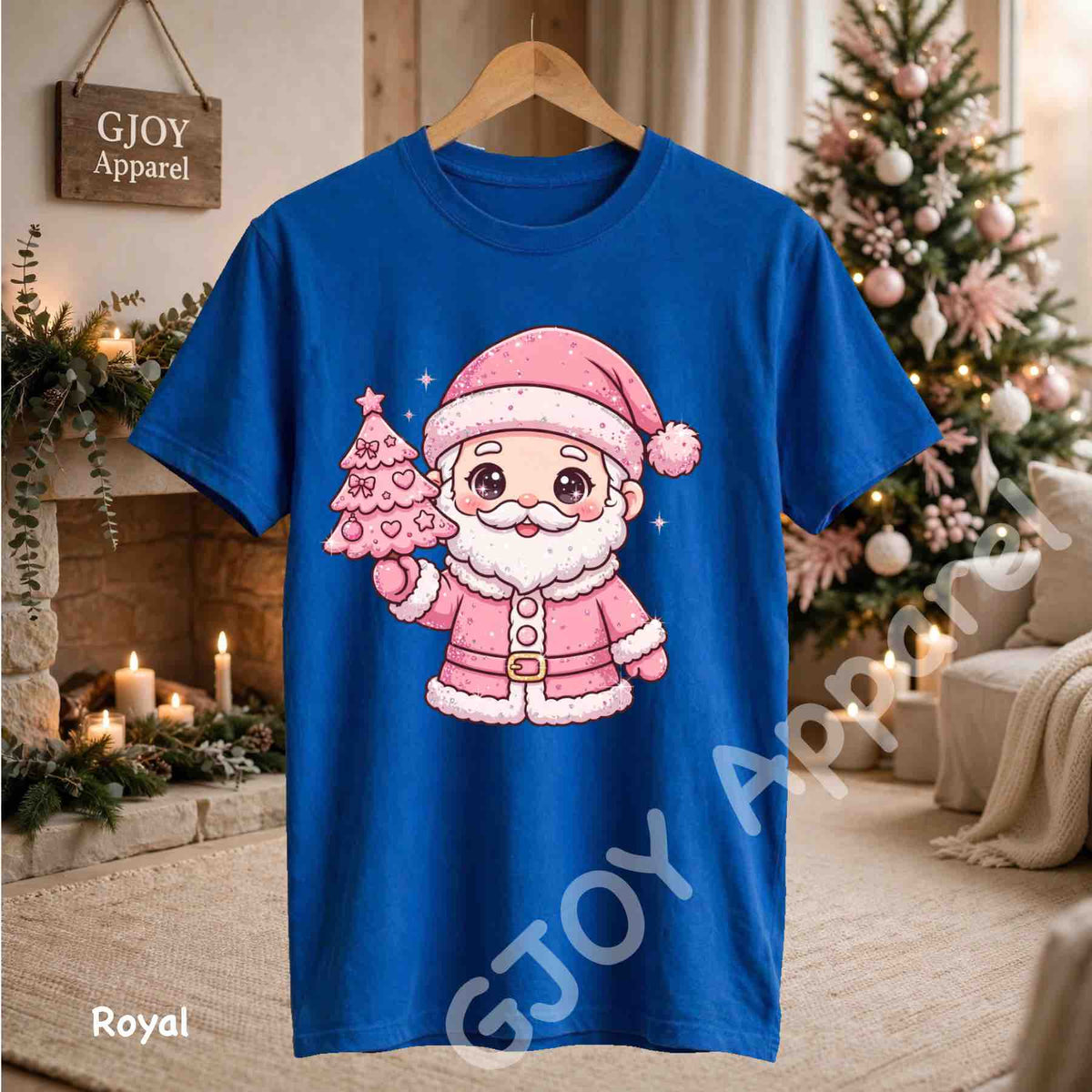 Cute Pink Santa Claus T-Shirt - Pink Santa Holding Christmas Tree Design - Royal Gildan 5000 - Grand Print YJ
