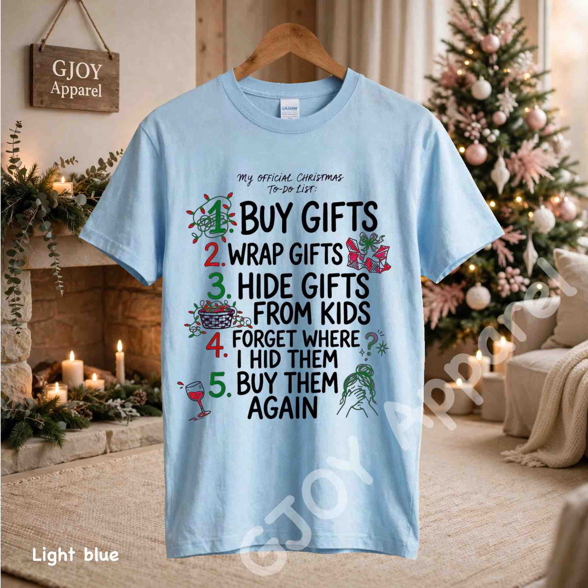 My Official Christmas Todo List T-Shirt - Funny Buy Gifts Wrap Gifts Hide Gifts From Kids Christmas Checklist Design - Light Blue Gildan 5000 - Grand Print YJ