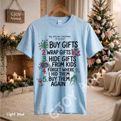 My Official Christmas Todo List T-Shirt - Funny Buy Gifts Wrap Gifts Hide Gifts From Kids Christmas Checklist Design - Light Blue Gildan 5000 - Grand Print YJ