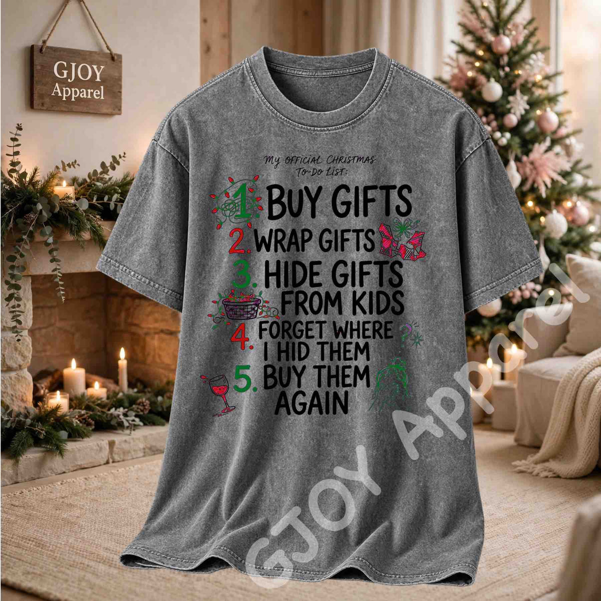 My Official Christmas Todo List Acid Wash T-Shirt - Funny Buy Gifts Wrap Gifts Hide Gifts From Kids Christmas Checklist Design - Grey - Grand Print YJ