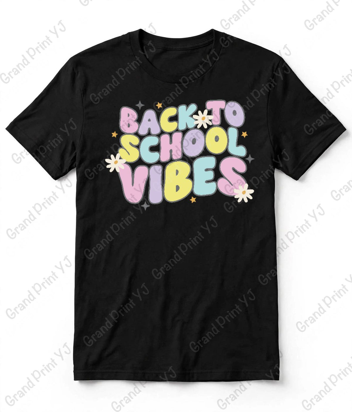 A black short-sleeve t-shirt with a colorful retro-style 'BACK TO SCHOOL VIBES' graphic on the chest, featuring pastel letters and small white daisy flowers, displayed flat against a white background with diagonal watermarks.