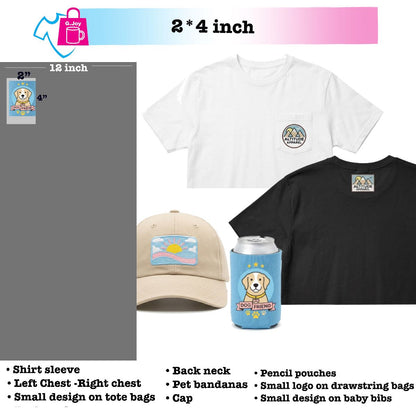 Collection of branded merchandise including t-shirts, a cap, can cooler, and pet bandana with logos and designs.