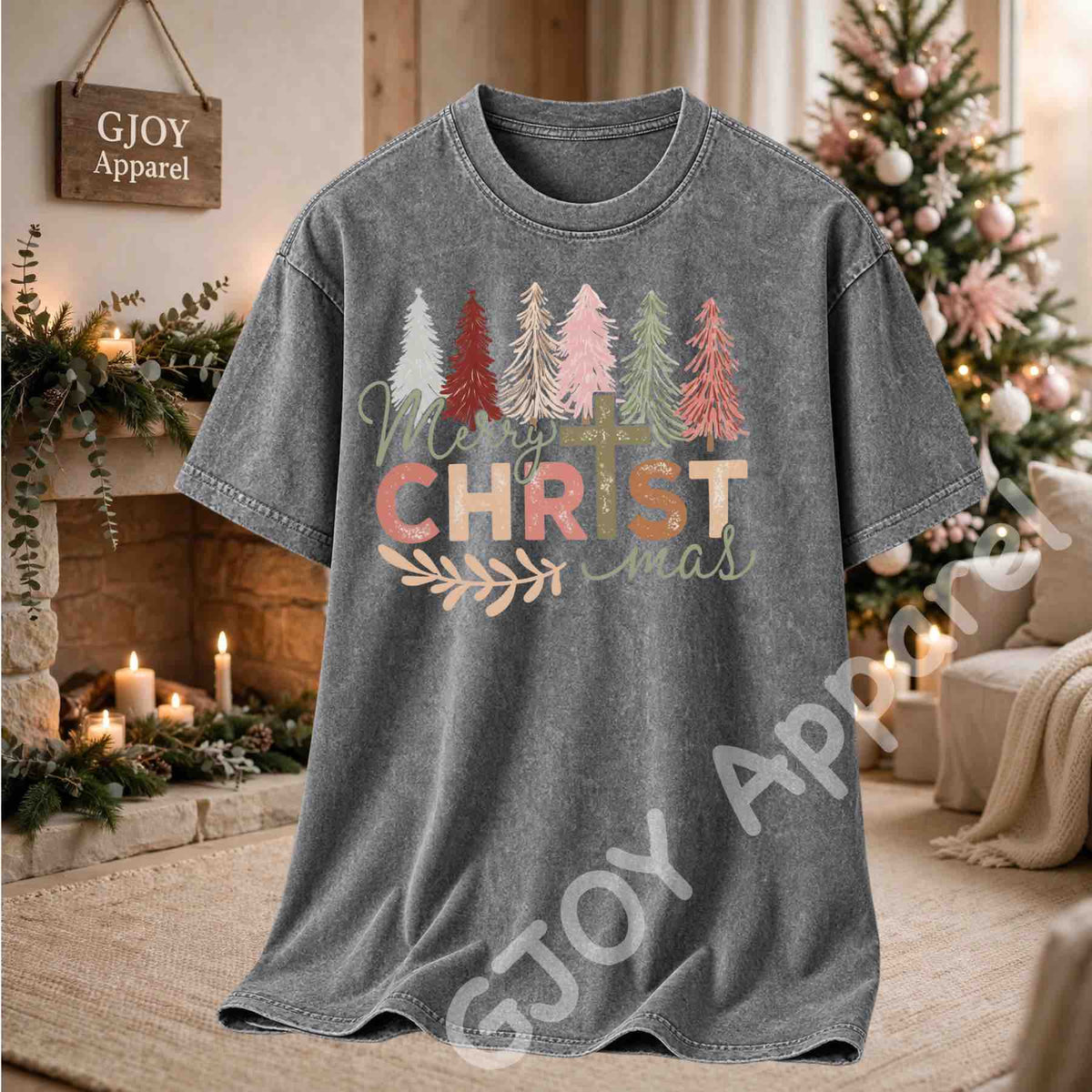 Merry Christmas Christian Acid Wash T-Shirt - Jesus Cross Christmas Trees Design - Grey - Grand Print YJ