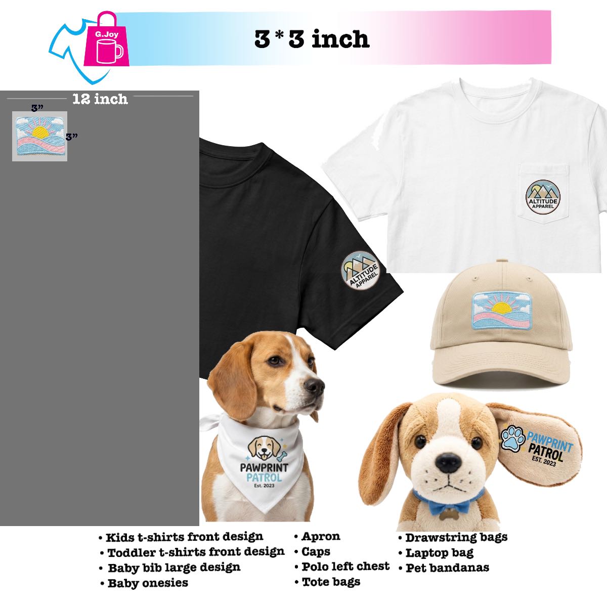 Collection of products including t-shirts, apron, cap, drawstring bags, laptop bag, pet bandana, and baby onesies with 'Pawprint Patrol' branding.