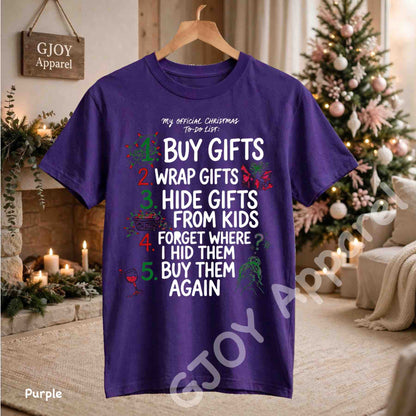 My Official Christmas Todo List T-Shirt - Funny Buy Gifts Wrap Gifts Hide Gifts From Kids Christmas Checklist Design - Purple Gildan 5000 - Grand Print YJ