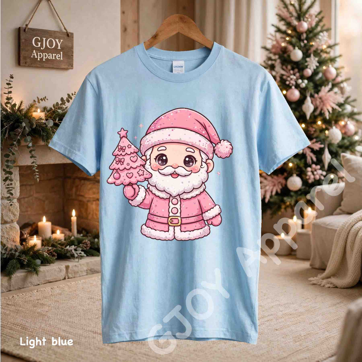 Cute Pink Santa Claus T-Shirt - Pink Santa Holding Christmas Tree Design - Light Blue Gildan 5000 - Grand Print YJ