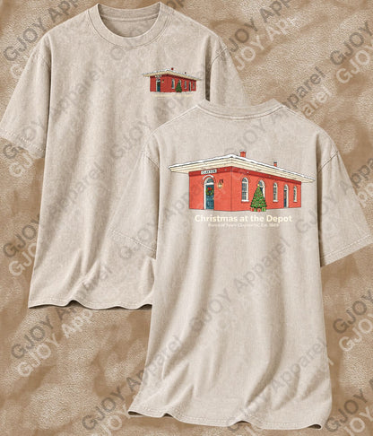 Christmas at the depot - Vintage Acid Wash T-Shirt | Railroad Town Clayton Unisex Oversized Graphic Tee