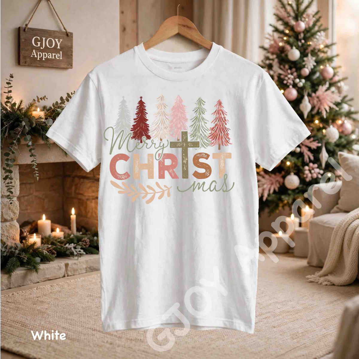 Merry Christmas Christian T-Shirt - Jesus Cross Christmas Trees Design - White Gildan 5000 - Grand Print YJ