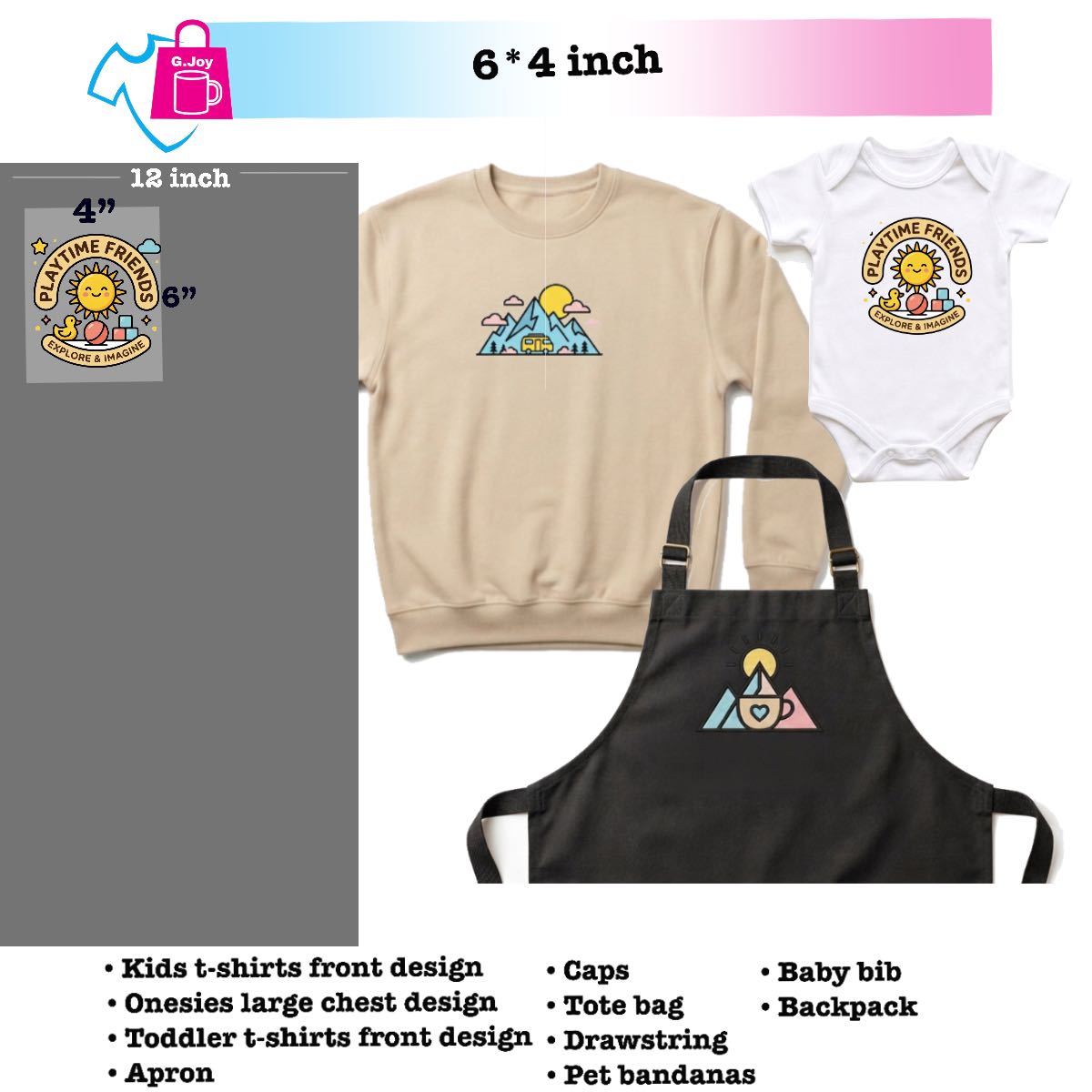 Collection of clothing items with designs on a white background