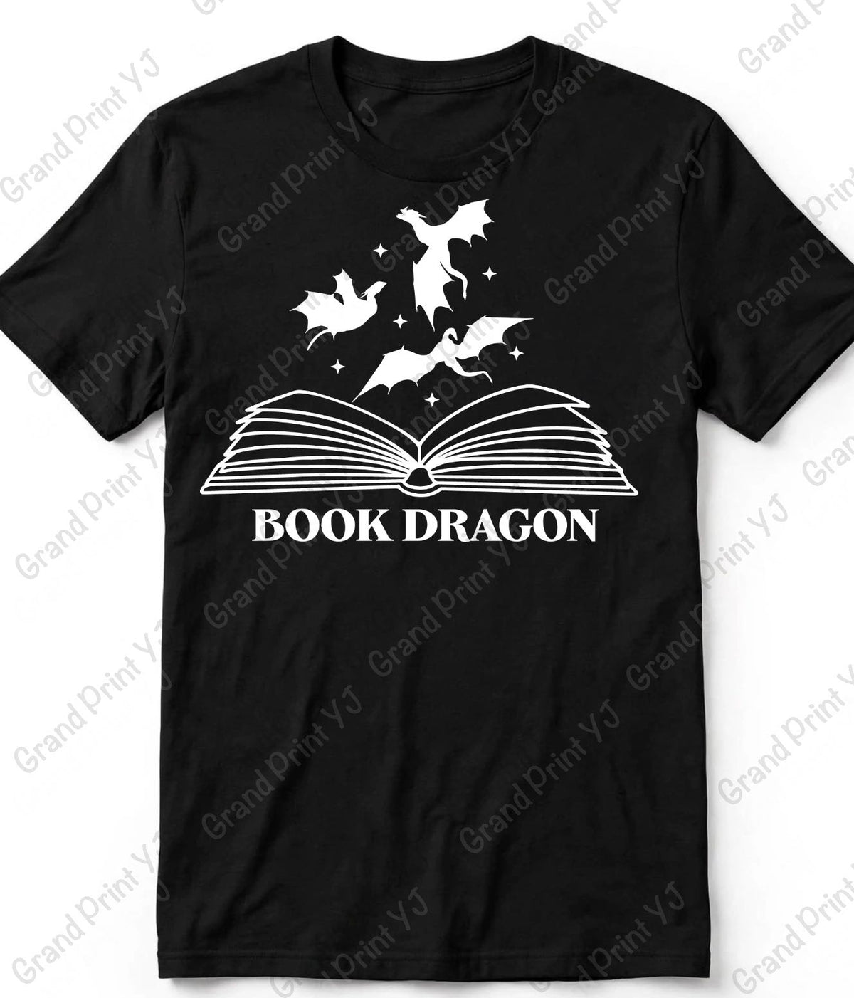 A black short-sleeve crewneck t-shirt with a white graphic print of an open book and three flying dragons above the text 'BOOK DRAGON'.