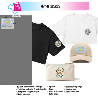Collection of clothing and accessories with front design on shirts, apron, cap, and bag.