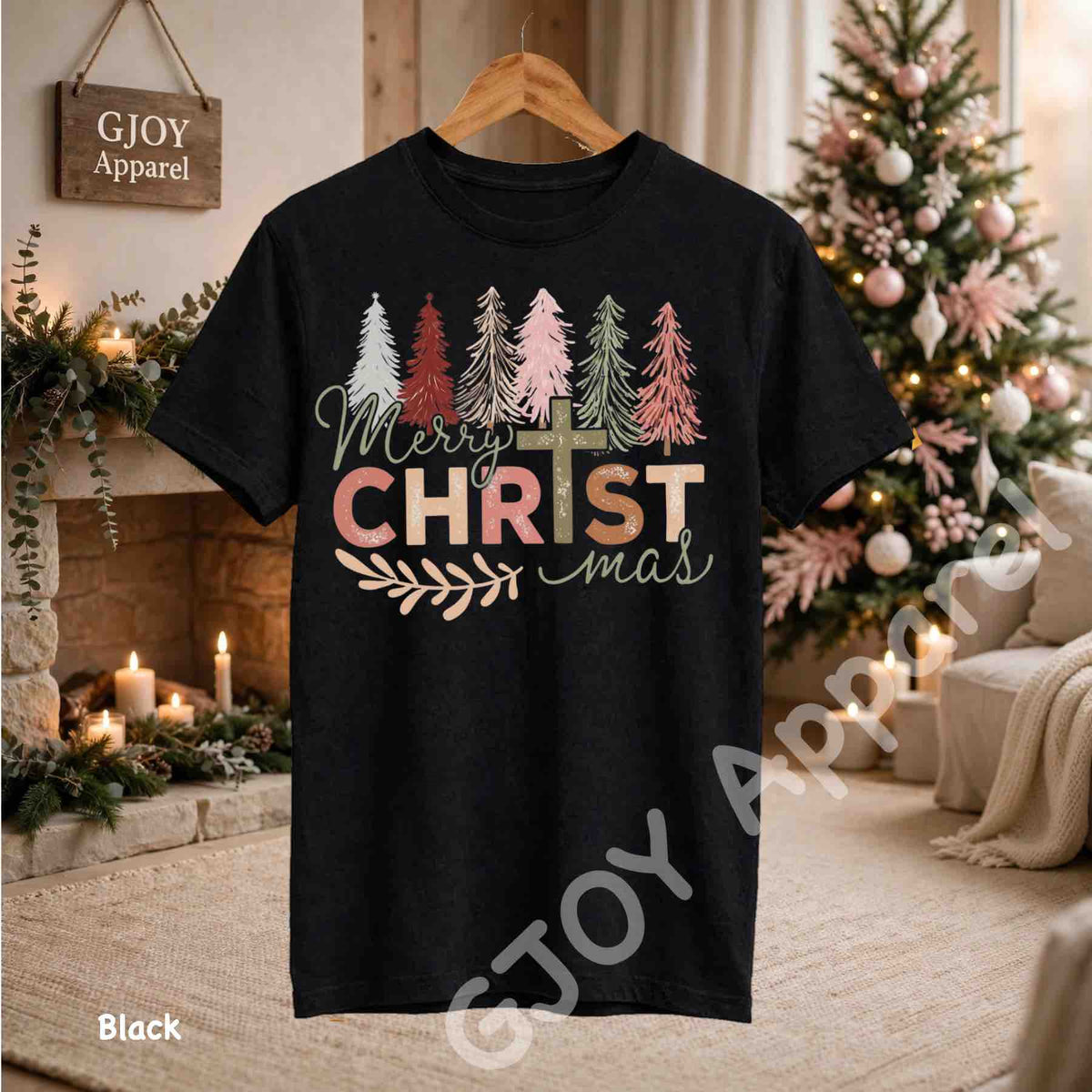 Merry Christmas Christian T-Shirt - Jesus Cross Christmas Trees Design - Black Gildan 5000 - Grand Print YJ