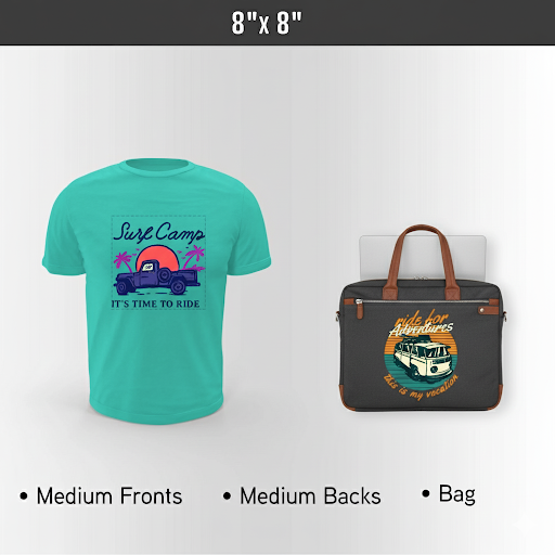 Personalized teal t-shirt with graphic design and Personalized laptop black bag with text on a white background