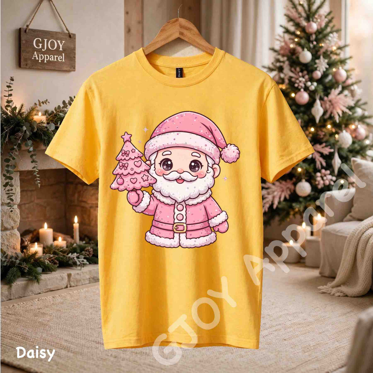 Cute Pink Santa Claus T-Shirt - Pink Santa Holding Christmas Tree Design - Daisy Gildan 5000 - Grand Print YJ